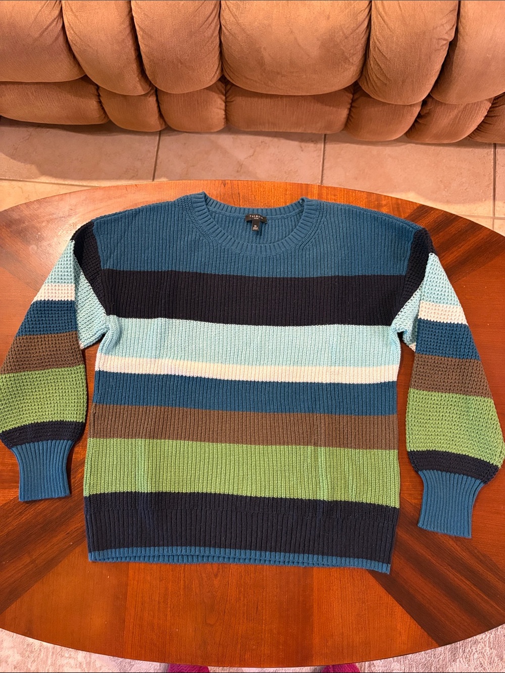 Talbots Women’s Mixed Stitch Striped Crewneck Sweater in Teal, Navy & Green